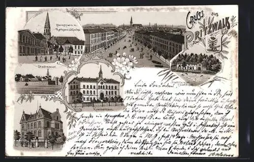 Lithographie Pritzwalk, Bank-Gebäude, Krankenhaus, Marktplatz mit Rathaus und Kirche