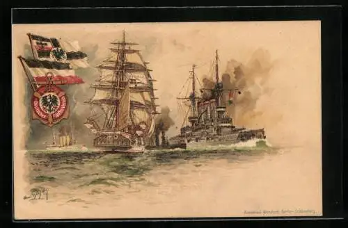 Künstler-AK Hans Bohrdt: Segelschiff und modernere Kriegsschiffe