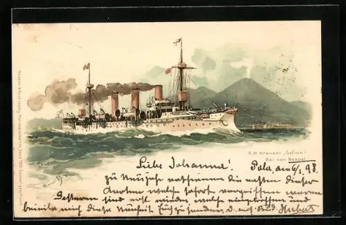Künstler-AK Hans Bohrdt: Neapel, SM Kreuzer Gefion in der Bucht von Neapel