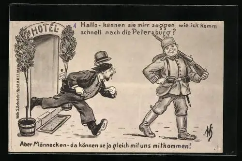 Künstler-AK Willi Scheuermann: Mann eilt aus einem Hotel und fragt einen Soldaten nach dem Weg nach Petersburg