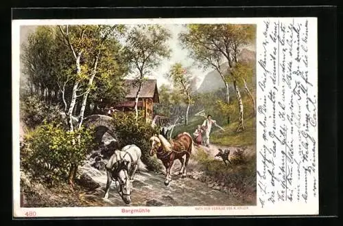 Künstler-AK Rudolf Koller: Bergmühle, Bauer mit Tochter, Pferde überqueren einen Bach