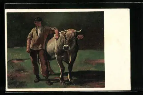 AK Rudolf Koller, Friedli mit der Kuh, Junger Mann lehnt sich an Kuh, Pro Juventute