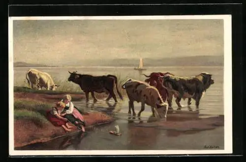 Künstler-AK Rudolf Koller: Kühe trinken Wasser aus dem See, Kinder spielen mit einem Boot