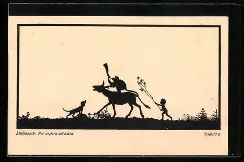 Künstler-AK Diefenbach: Schattenbild Per apsera ad astra - Affe auf einem Maultier reitend