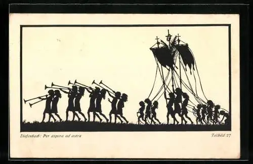 Künstler-AK Diefenbach: Per aspera ad astra, Teilbild 27, Kinder mit Posaunen und Banner