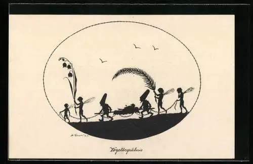 Künstler-AK Elsbeth Forck: Vogelbegräbnis, Zwerge und Elfen tragen einen toten Vogel, Schattenbild