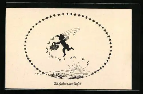 Künstler-AK Elsbeth Forck: Ein frohes neues Jahr, Engel verteilt Blumen, Schattenbild