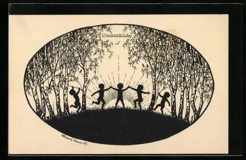 Künstler-AK Elsbeth Forck: Sonnenkinder, nackte Buben tanzen auf einer Wiese, Schattenbild