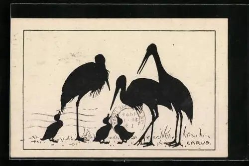 Künstler-AK Carus: Storche wachen über kleine Enten, Schattenbild