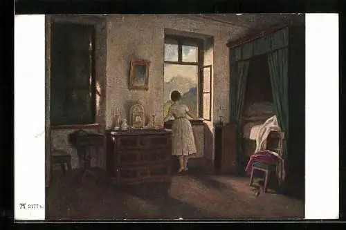 Künstler-AK Carl Spitzweg: Frau steht am Fenster