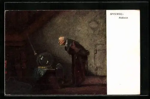 Künstler-AK Carl Spitzweg: Alchimist, betagter Philosoph blickt auf eine Kugel