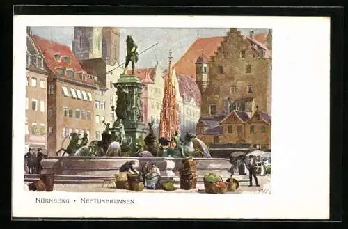 Künstler-AK Heinrich Kley: Nürnberg, Neptunbrunnen mit Passanten