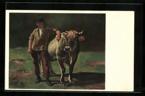 Künstler-AK Rudolf Koller: Friedli mit der Kuh
