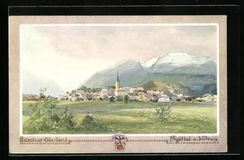 Künstler-AK Eduard Manhart: Spittal a. d. Drau mit Blick auf Gebirge, Wappen