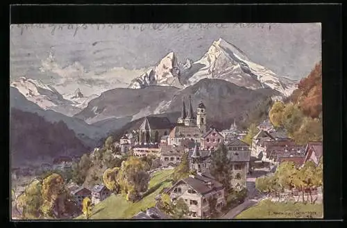 Künstler-AK Edward Harrison Compton: Berchtesgaden, Ortsansicht mit Bergen