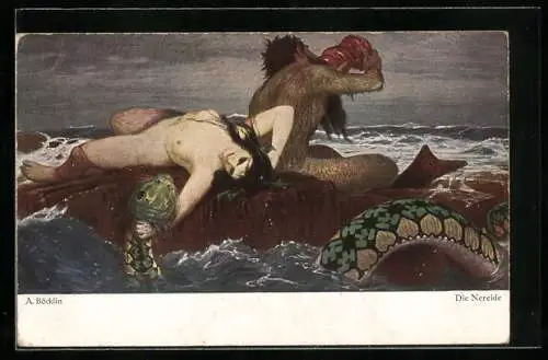 Künstler-AK Arnold Böcklin: Die Nereide, Nixe packt Wasserschlange am Hals