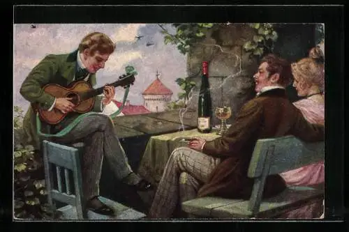 Künstler-AK R. Borrmeister: Ein frohes Lied, Mann spielt einem Liebespaar auf seiner Gitarre ein Ständchen