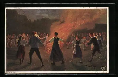 Künstler-AK Robert Kämmerer: Junge Leute tanzen um das Sonnenwendfeuer