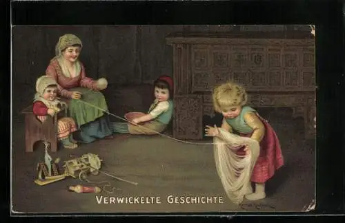 Künstler-AK Hermann Kaulbach: Verwickelte Geschichte, Mutter und Kinder mit Wolle