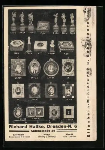 AK Dresden, Reklame Richard Haffke, -Miniaturen u. Schnitzereien, Antonstrasse 35