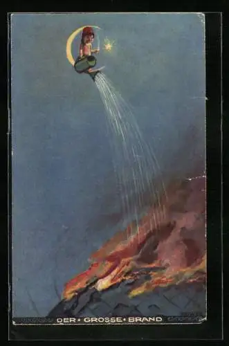 Künstler-AK Kriwub: Kind auf der Sichel des Mondes löscht einen Brand mit der Giesskanne
