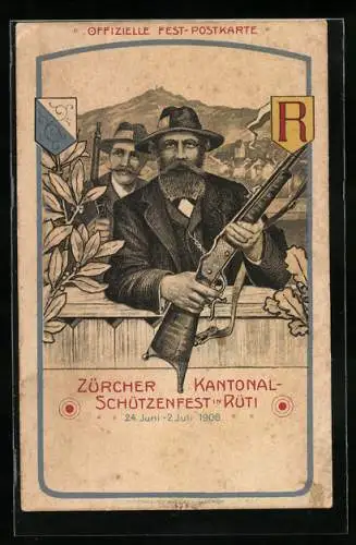 Lithographie Rüti, Zürcher Kantonal-Schützenfest 1906, Schütze mit Gewehr