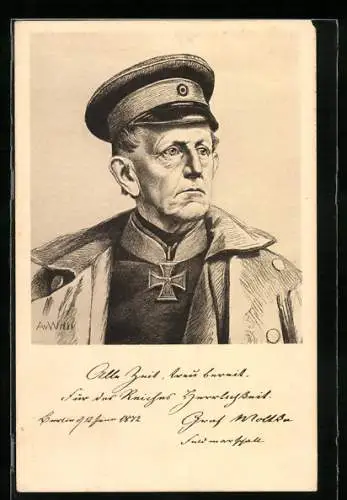 Künstler-AK General Moltke in Uniform, Ganzsache Bayern