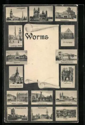 AK Worms, Alte Synagoge, Bahnhof, Festspielhaus, Postamt