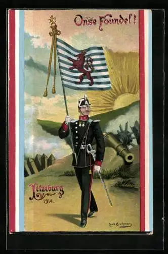Künstler-AK Luxemburg, Fahnenträger in Uniform mit Truppenfahne 1914