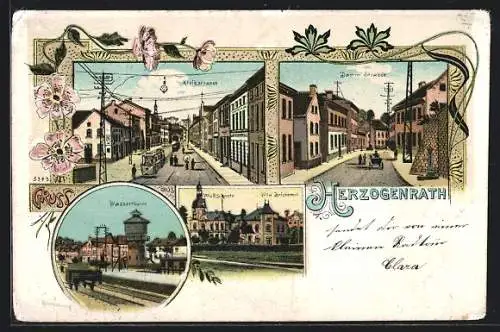 Lithographie Herzogenrath, Villa R. Schmetz und Villa Brickerour, Wasserturm, Kleikstrasse mit Strassenbahn