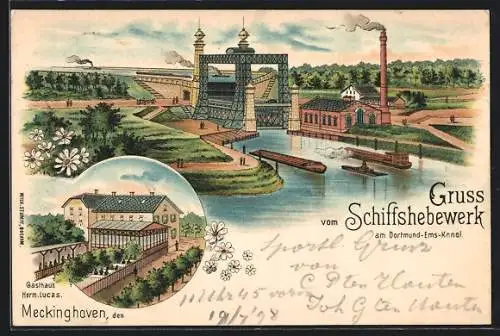 Lithographie Meckinghoven, Gasthaus H. Lucas, Schiffshebewerk am Dortmund-Ems-Kanal