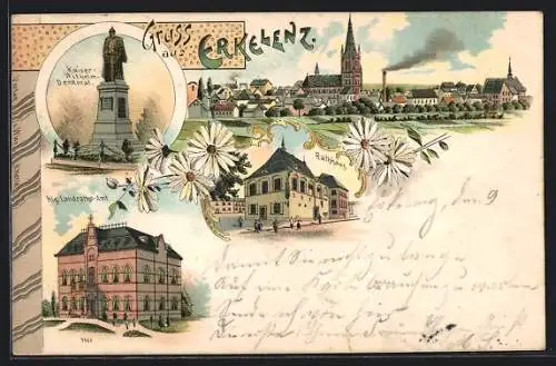 Lithographie Erkelenz, Königliches Landrats-Amt, Rathaus, Kaiser-Wilhelm-Denkmal