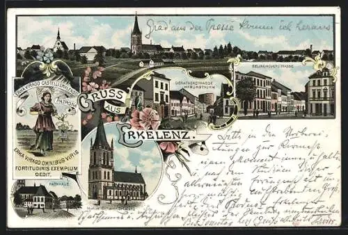 Lithographie Erkelenz, Ortsansicht, Rathaus, Oeratherstrasse mit Burgturm, Belinghoverstrasse
