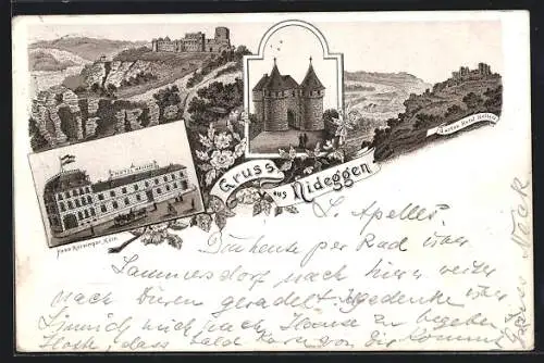 Lithographie Nideggen, Hotel Heiliger, Burg, Panorama