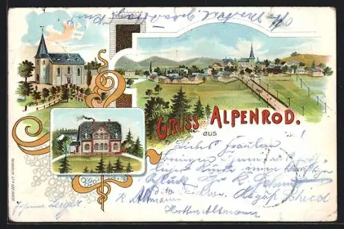 Lithographie Alpenrod, Ortsansicht, Kirche, Haus