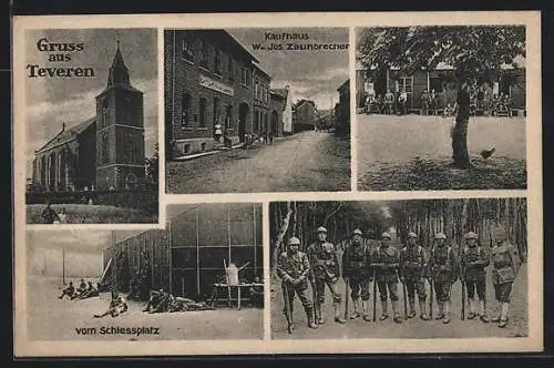 AK Teveren, Kaufhaus Ww. J. Zaunbrecher, Schiessplatz, Kirche