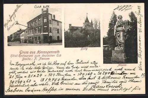 AK Herzogenrath, Hotel-Restaurant zum deutschen Eck P. Niessen, Moses-Denkmal