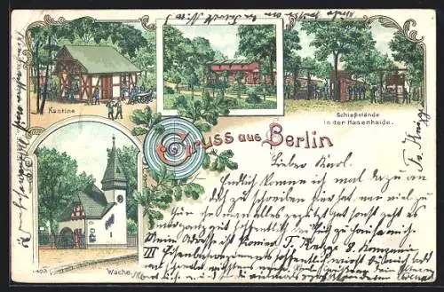 Lithographie Berlin, Schiessstände in der Hasenheide, mit Kantine und Wache