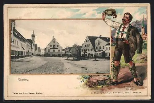 Passepartout-Lithographie Grafing, Marktplatz, Bayer in Lederhosen mit Federhut winkend