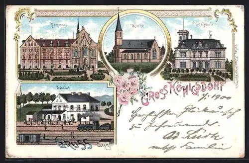 Lithographie Grosskönigsdorf, Bahnhof, Villa Pauli, Pensionat