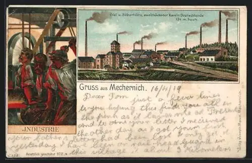 Lithographie Mechernich, Blei- und Silberhütte mit Strasse und Schienen, Industrie-Arbeiter in Fabrikhalle