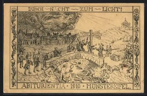 Künstler-AK Münstereifel, Abiturientia 1910, Schülergruppe beim Sammeln der Bücher