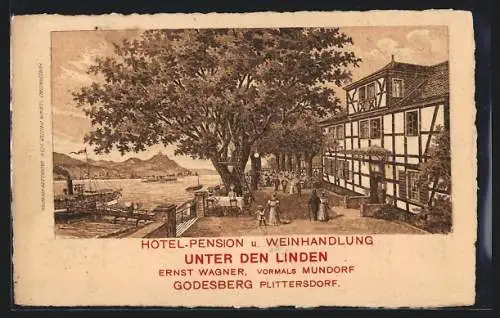 Lithographie Plittersdorf /Godesberg, Hotel-Pension-Weinhandlung Unter den Linden E. Wagner mit Rheinblick