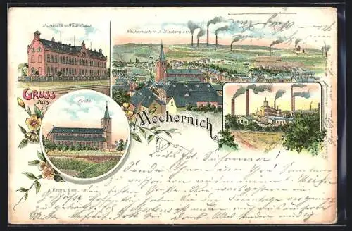 Lithographie Mechernich, Pochwerk, Invaliden- und Waisenhaus, Ortsansicht mit Bleibergwerk