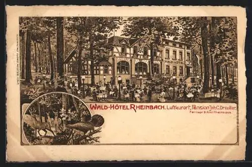 Lithographie Rheinbach, Wald-Hotel-Pension C. Droullier, Gartenansicht, Auerhahn und Rehe