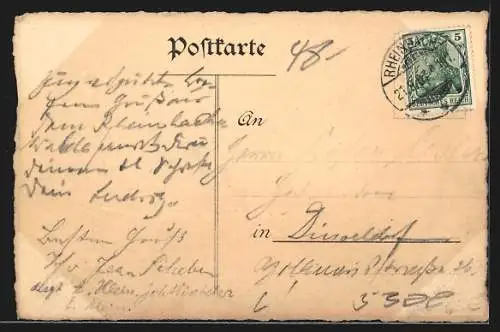 Lithographie Rheinbach, Wald-Hotel-Pension C. Droullier, Gartenansicht, Auerhahn und Rehe