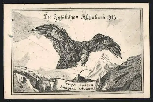 Künstler-AK Rheinbach, Die Einjährigen 1913, Adler vor Sonne im Gebirge