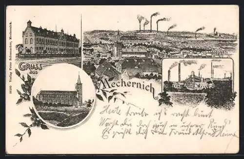 Lithographie Mechernich, Fabrik, Gebäudeansicht, Kirche