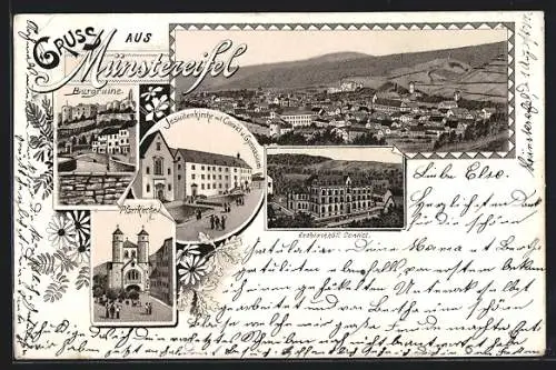 Lithographie Münstereifel, Burgruine, Pfarrkirche, Jesuitenkirche mit Convict u. Gymnasium, Ortsansicht