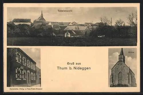 AK Thum b. Nideggen, Kolonialwaren-Handlung Frau Franz Küpper, Kirche, Gesamtansicht